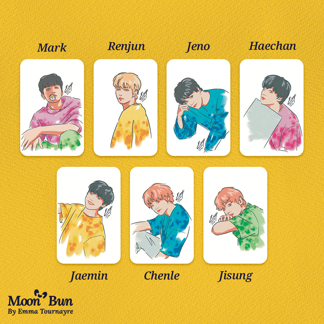 Picture of the NCT Dream Hello photocards on a gold background