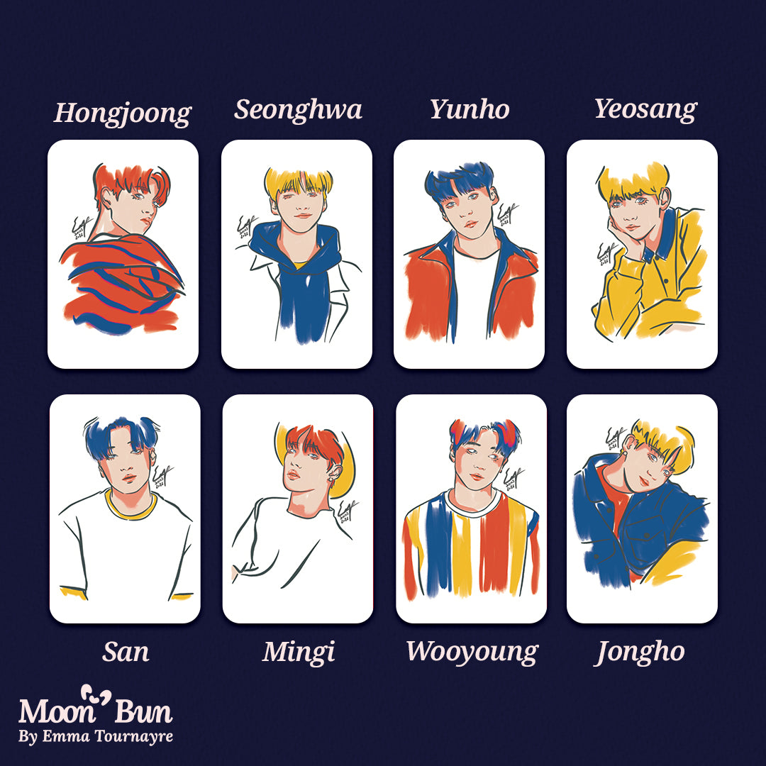 Picture of the ATEEZ Illusion photocards on a blue background