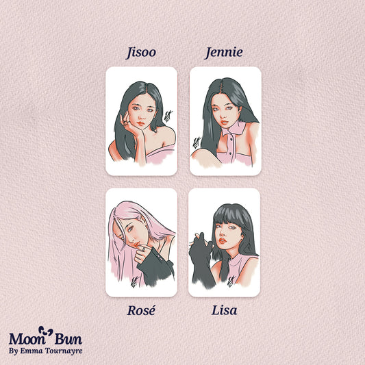 Picture of the BLACKPINK So Pink photocards on a pink background