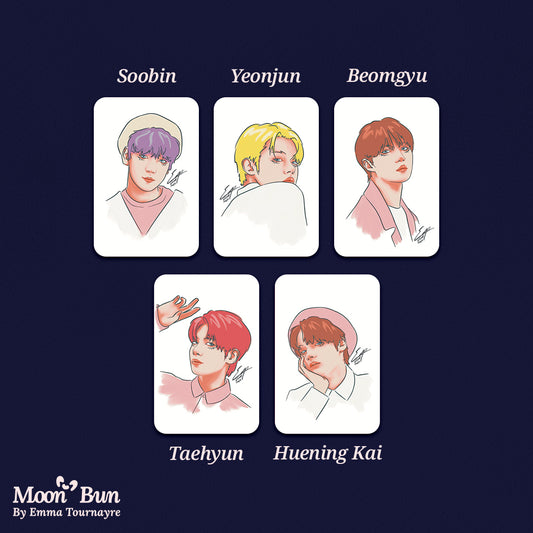 Picture of the TXT Summer photocards on a blue background