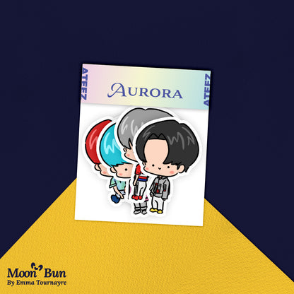 Picture of the ATEEZ Aurora sticker pack on a gold and blue background