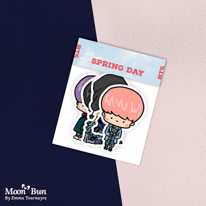 Picture of the BTS Spring Day sticker pack on a pink and blue background